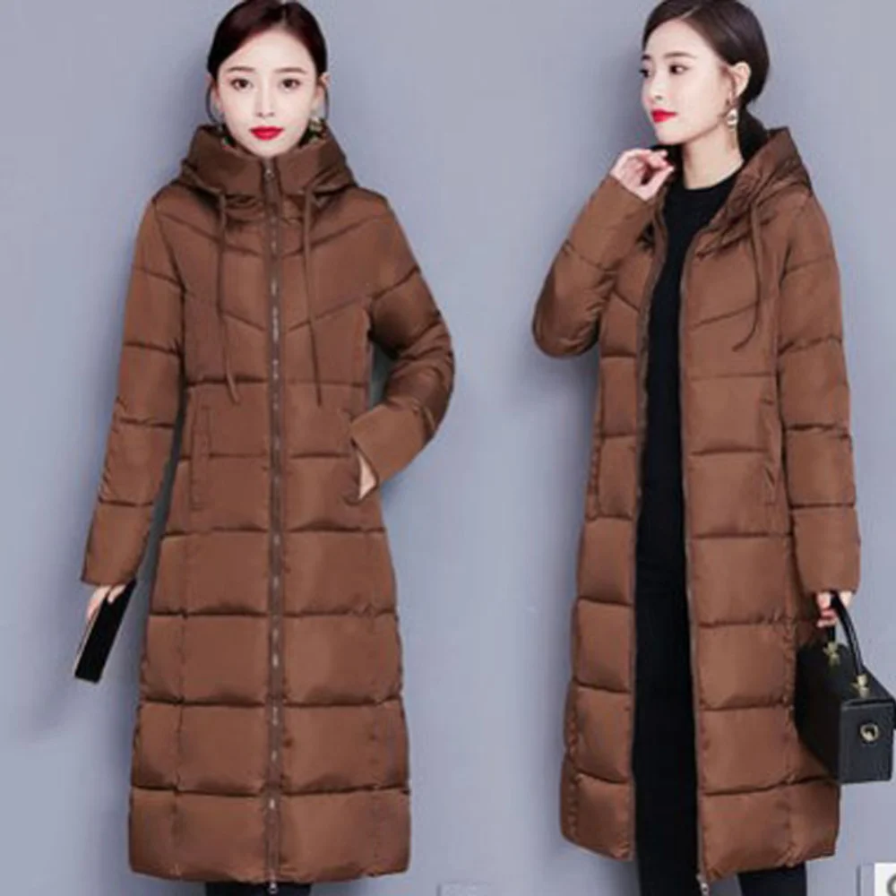 Women Long Parkas Coat Winter 2022 Korean Style Knee Lenght Casual Loose Padded Jackets Thicken Warm Hooded Cotton Coats Female