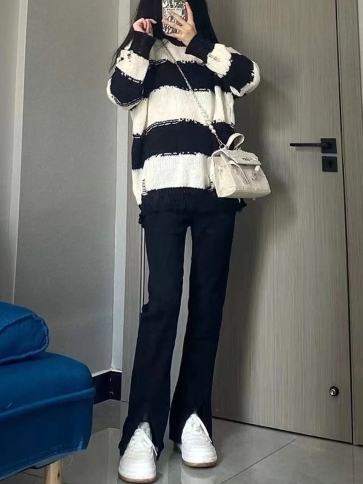 Женский вязаный свитер в полоску шикарный винтажный гонконгском стиле свободный