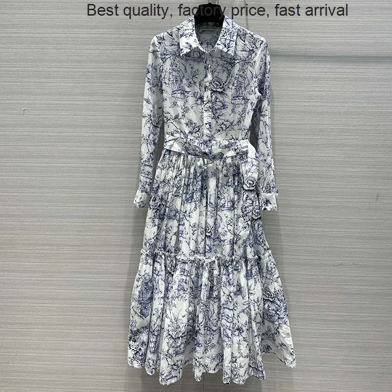 

quality luxury brand Elegant Floral Dress Women Cotton Long Sleeve High Waist A Line Lapel Shirt Dresses With Belt Runway Holid