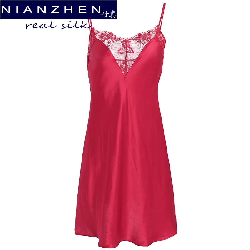 

NIANZHEN 100% ночные рубашки из натурального шелка женская пикантная кружевная Пижама на тонких бретельках однотонная атласная ночная рубашка Л...