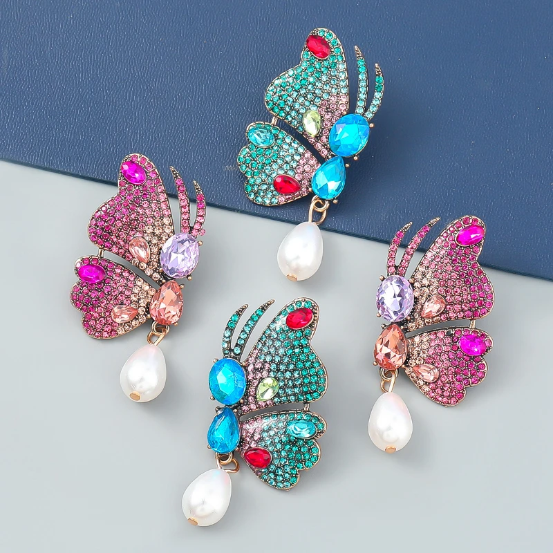 

Fashion Colorful Diamond Pearl Drop Earrings Butterfly Earrings Women Aesthetic Shiny Glamour Jewelry Gift Ornament