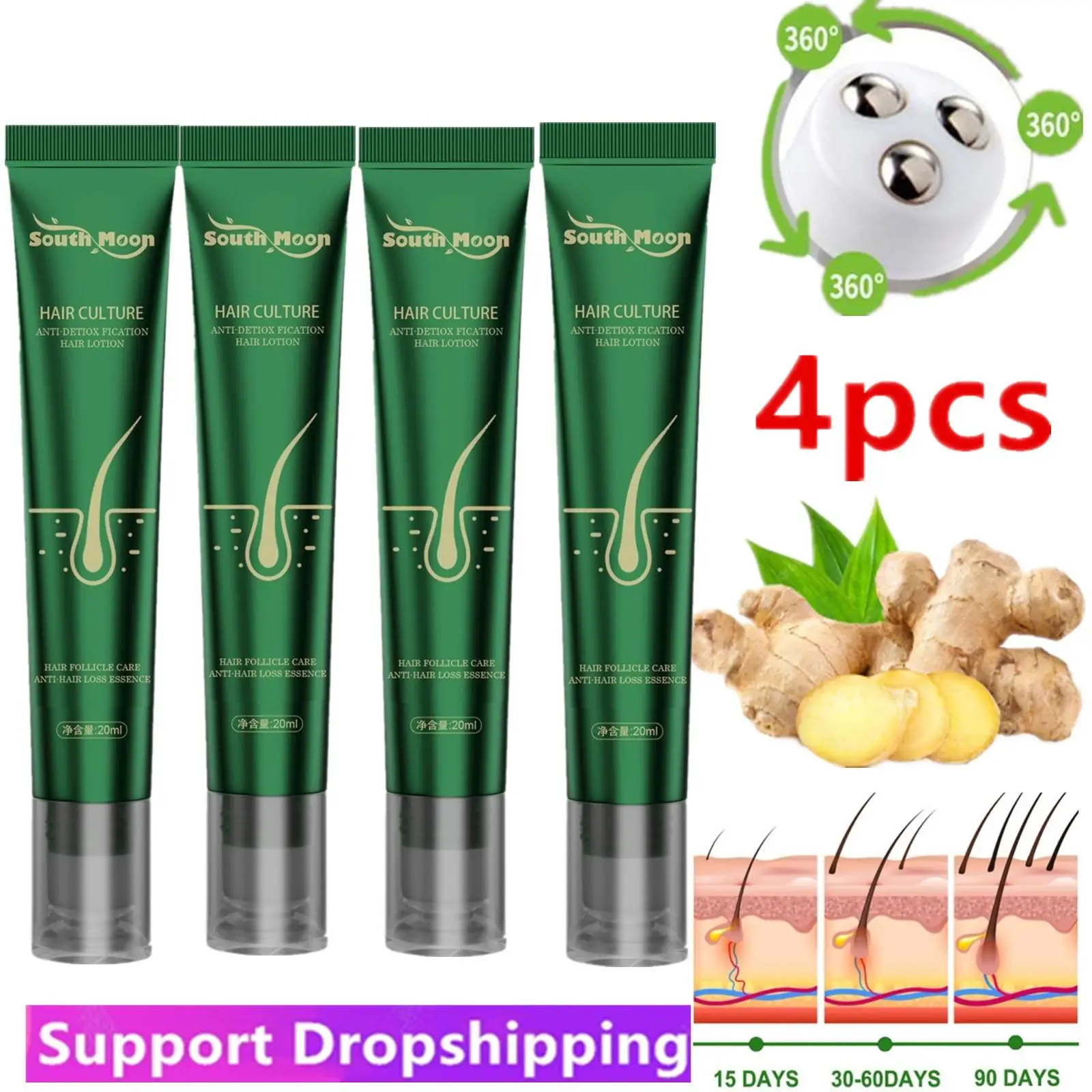 

4Pcs Regrowth Organic Hair Serum Roller Hair Care Anti Stripping Liquid Suitable For All Types Of Hair Loss Scalp Nourishing