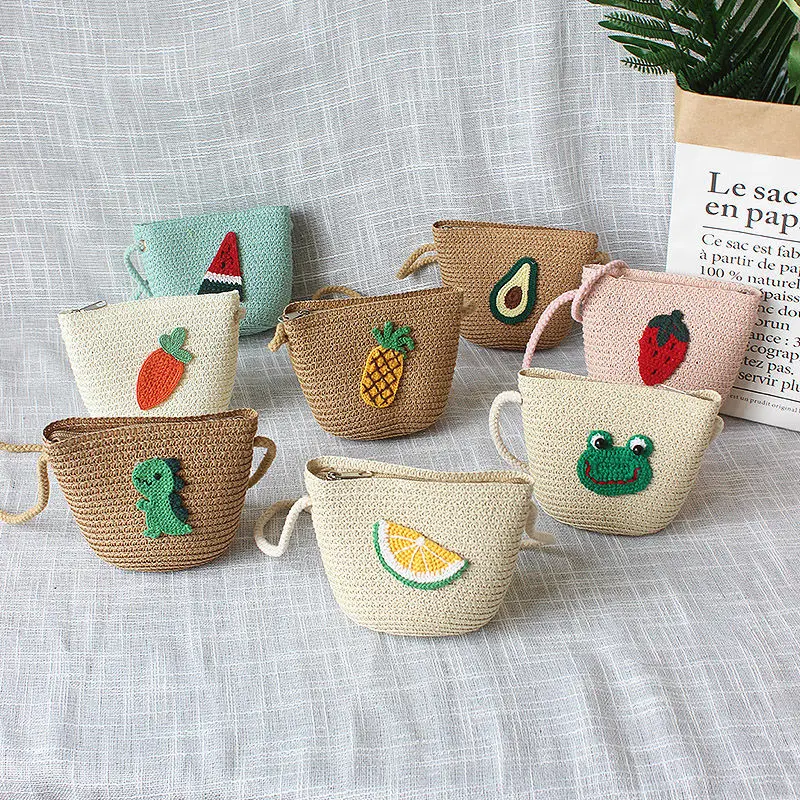 Summer Children Straw Woven Shoulder Bags Baby Kids Mini Coin Purse Handbags Cute Animal Embroidery Girls Small Messenger Bag
