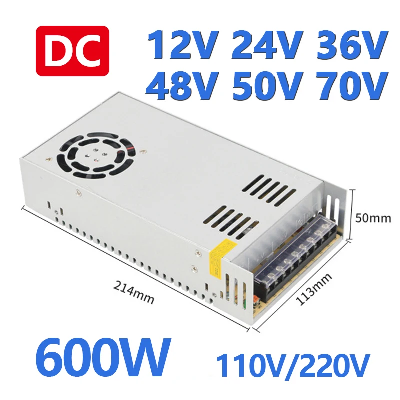 Фото Импульсный блок питания AC 220В в DC 12В 24В 36В 48В 60В 70В, источник питания 12В 600Вт, трансформатор SMPS для светодиодных лент и систем видеонаблюдения №1
