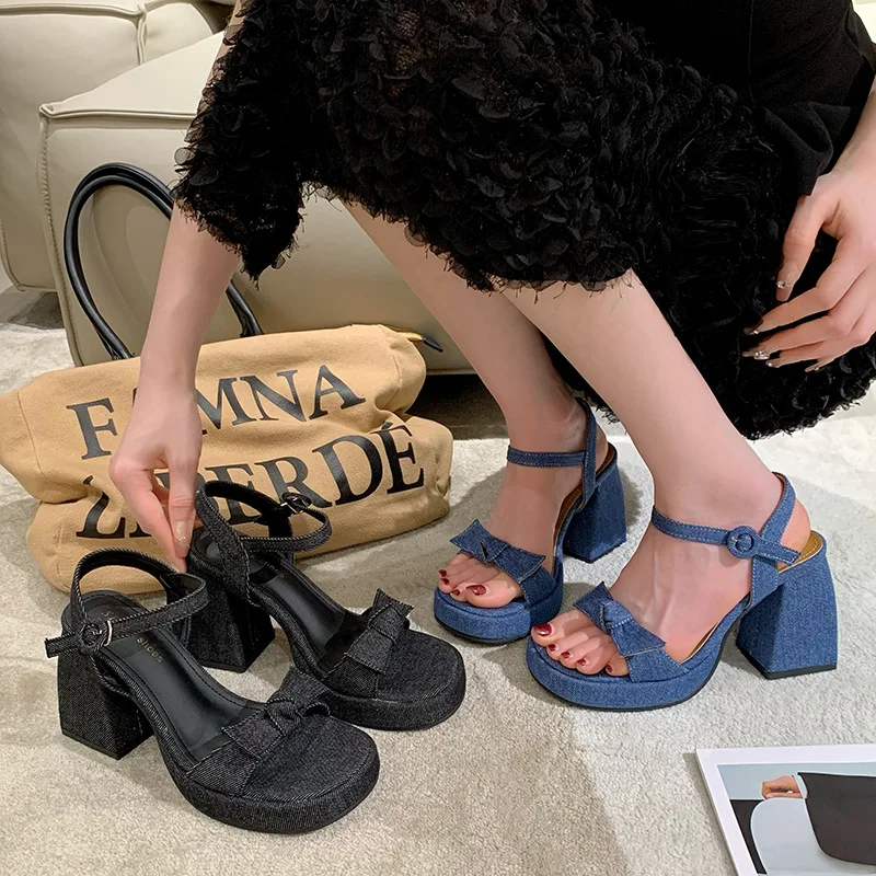 2023 Summer High Heel Thick Heel Sandals Women's Buckle Thick Sole Mary Jane Fashion Casual Blue Denim Strap Sandals size 35-39