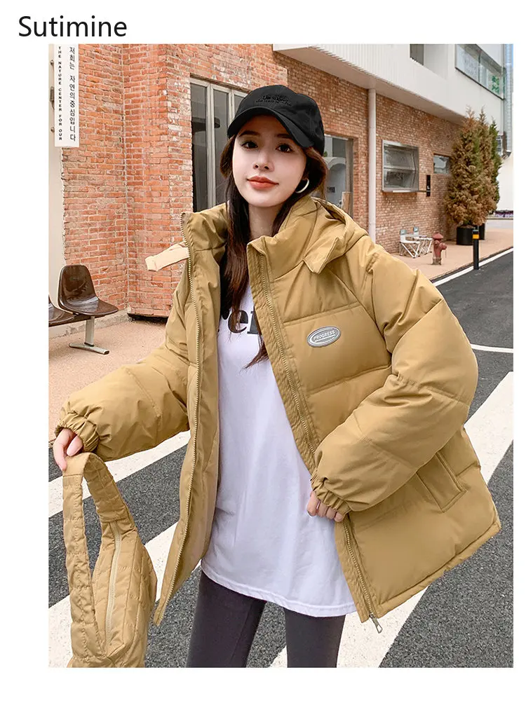 Korean Down Cotton Jacket Women's Thickened Short Loose Coat Office Lady Winter Coat for Women Hooded Winter Clothes Women