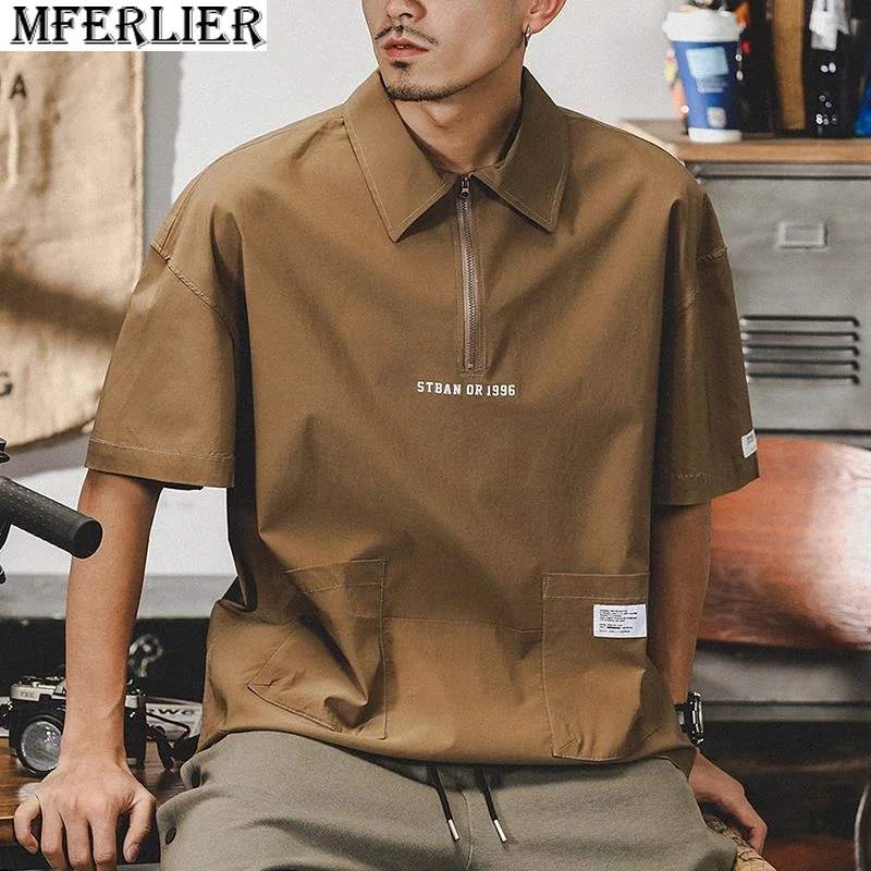 

Рубашка-поло мужская быстросохнущая, короткий рукав, карманы, свободная футболка-поло в японском стиле, размера плюс 8XL, лето