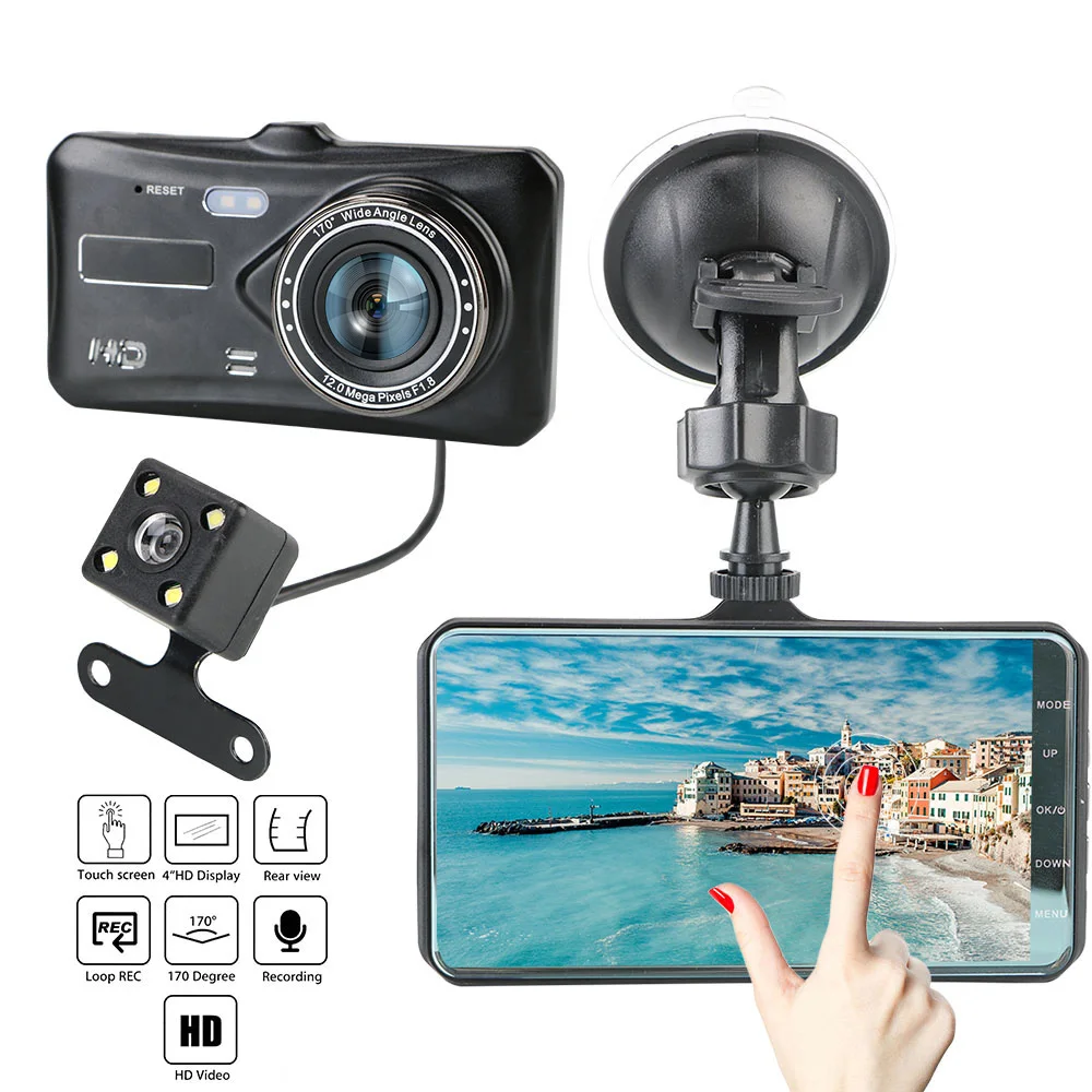 

12V 1080P 4inch IPS Monitor Car Camera DVR Dash Cam Video Recorder Rear View DashCam Dual Lens 32G Card Automobile Accessories