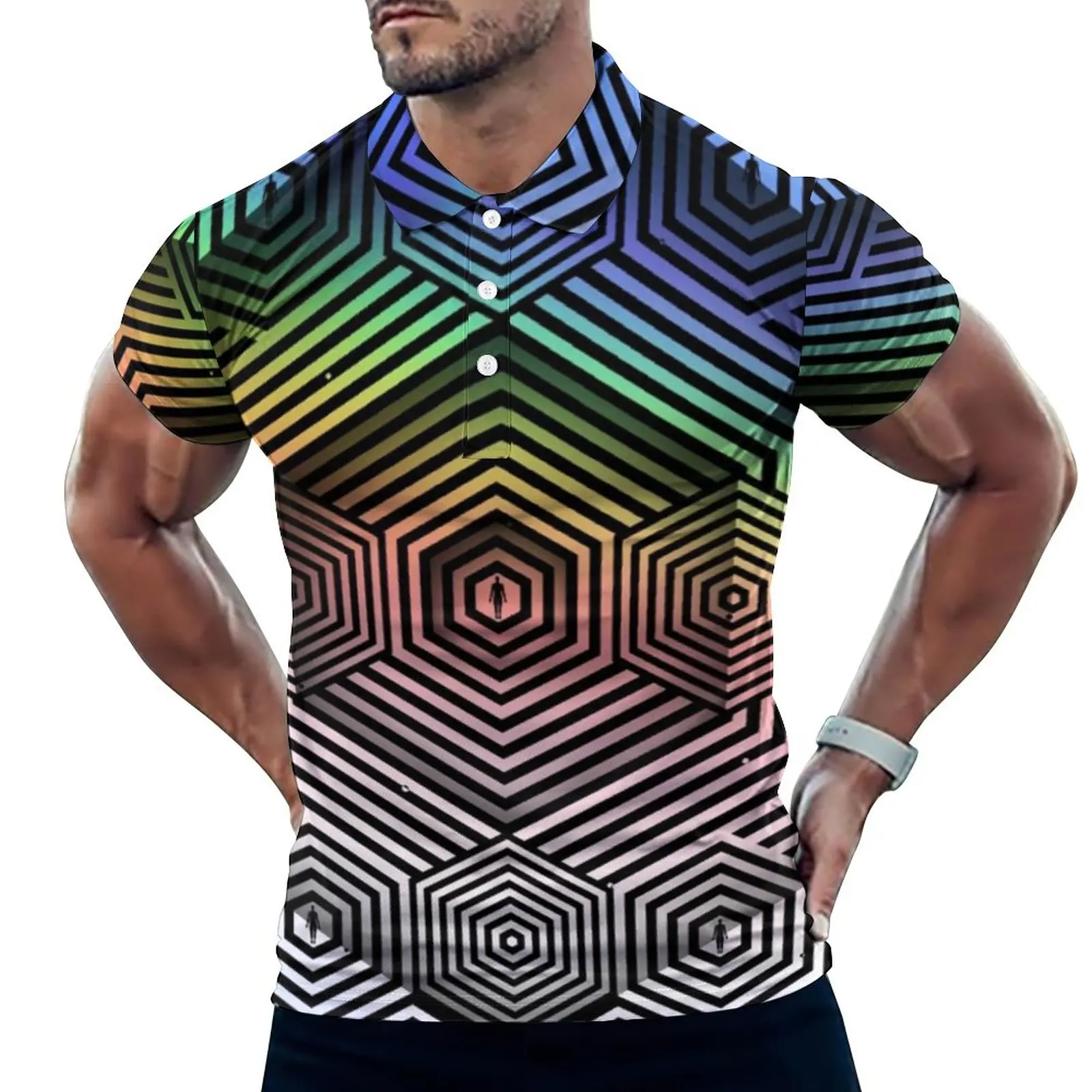 

Футболка-поло мужская с геометрическим принтом, модная рубашка с коротким рукавом и графическим принтом, повседневная одежда с эффектом ом...