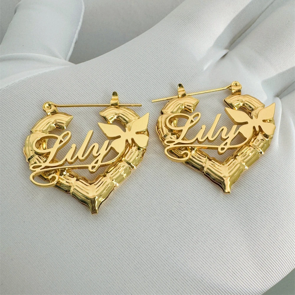 Индивидуальные серьги-кольца из бамбука женские серьги-сердечки с именем на