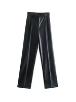 women fashion faux leather straight pants vintage high waist zipper fly female trousers mujer