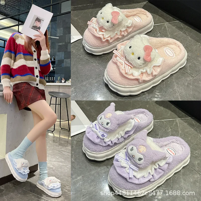 

Sanrio Hello Kitty Cinnamoroll Anime Cotton Slippers Kawaii Winter Plush Slippers Shoes Women Non-Slip Slippers Warm Shoes Gift