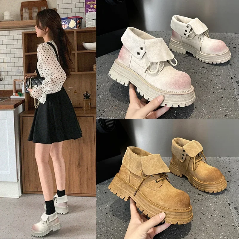 Женские кожаные ботинки в стиле ретро желтые однотонные короткие на толстой