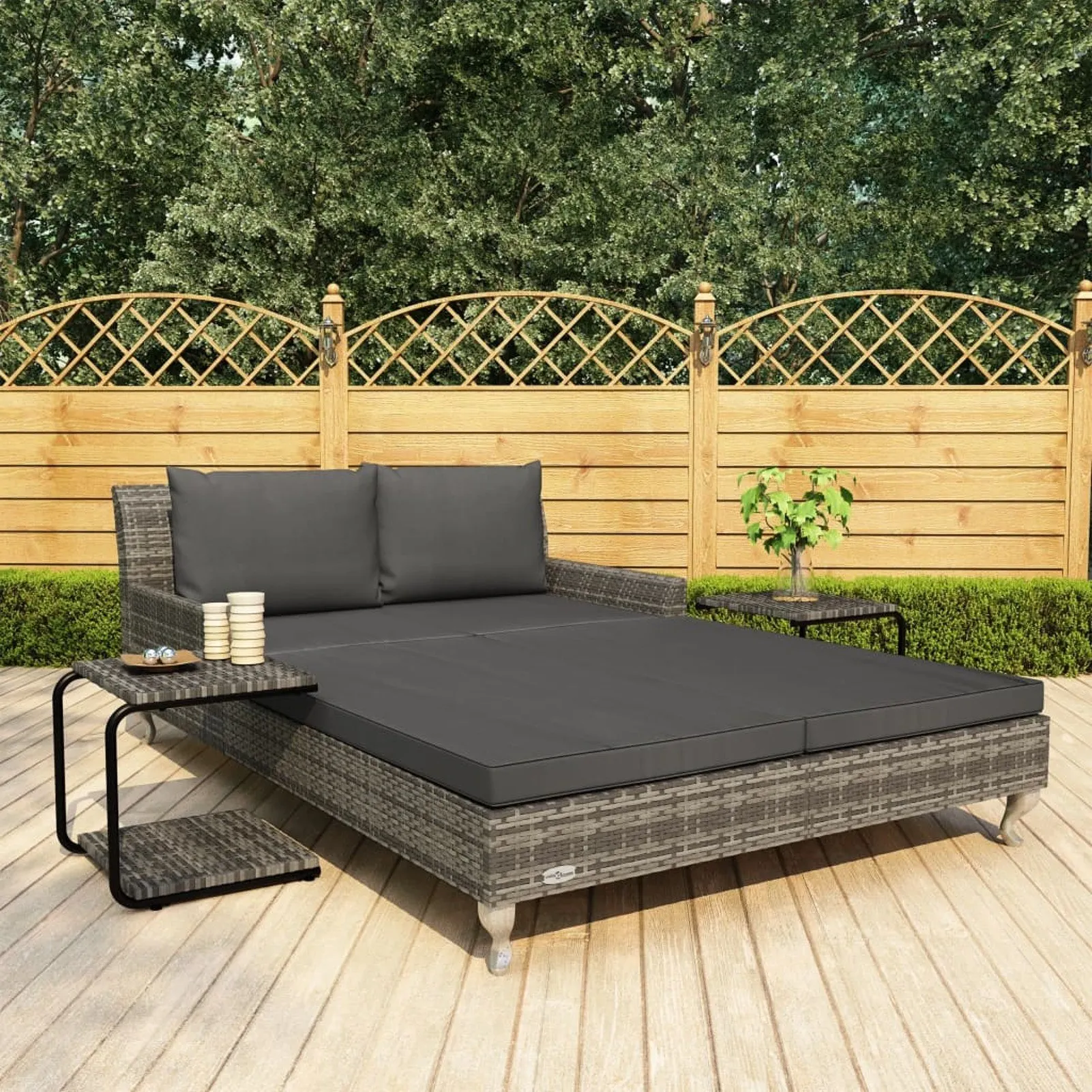 

2-Person Garden Sun Bed with Cushions Poly Rattan Gray