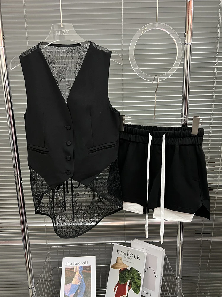 

2023 Summer New Women's Lace Vest Set y2k clothes Spice Girls Fashion Button Vest ➕ Splicing White Drawstring Shorts Set Top