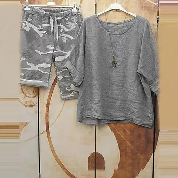 Tops Short Pants Suit Harajuku Print Boho Women Two Piece Set Imitation Linen Spring Ethnic Short Sleeve Tunic Female Outfits 1