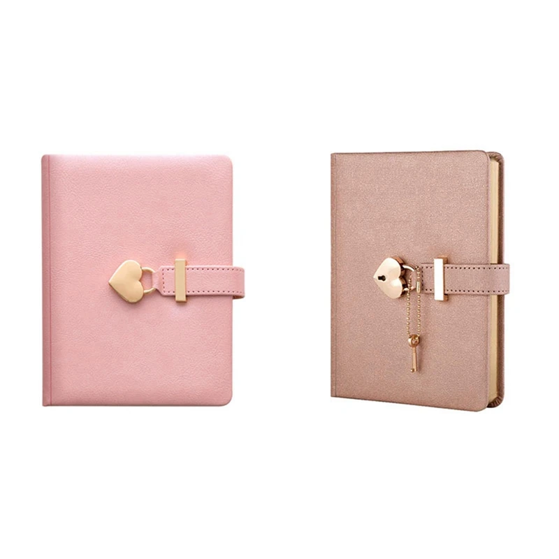 

2 Pcs Heart Shaped Combination Lock Diary With Key Personal Organizers Secret Notebook Gift-Pink & Champagne