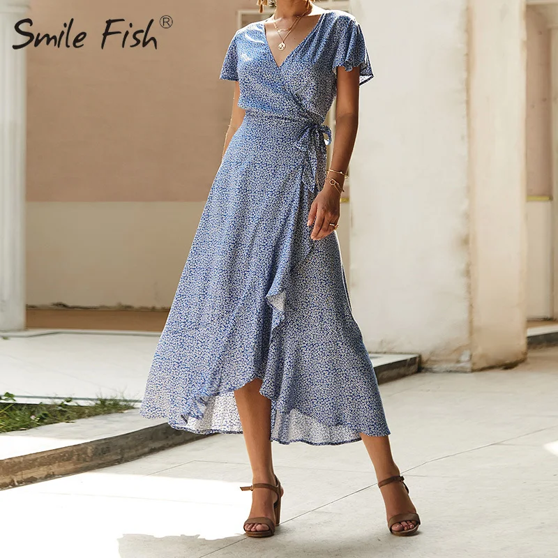 

Summer Vacation Holiday Dress Boho Beach Printed Sashes Ruffles Bohemian Midi Dress V-Neck Irregular Short Sleeve Sundress M0511
