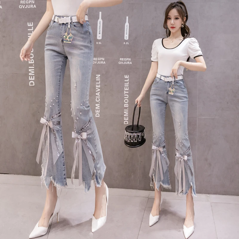 2023 New European and American Fashion High Waist Irregular Heavy Craft Beaded Bowknot Worn Jeans Bell-Bottom Pants Women