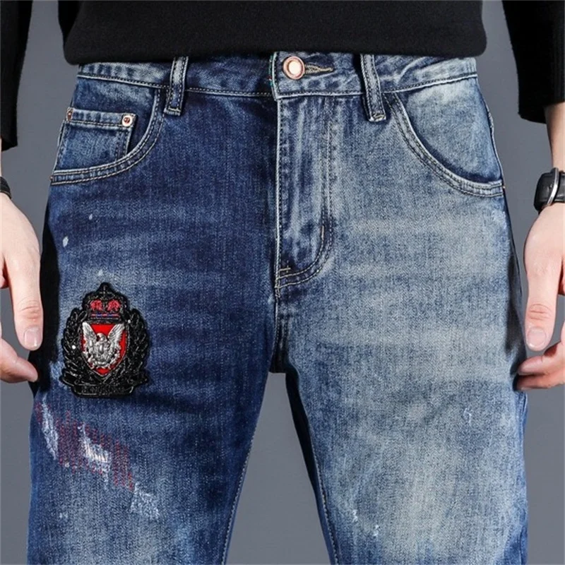 EH·MD® Micro Chapter Embroidered Jeans Men's Four Seasons Color Pants Legs Ink Splashed Cotton Cat Beard Slim Fit Elastic New 22