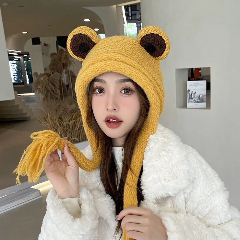 Frog Woolen Cap Women Autumn and Winter Korean Ins Cute Knitted Sleeve Green Earmuff Warm Earmuffs Student