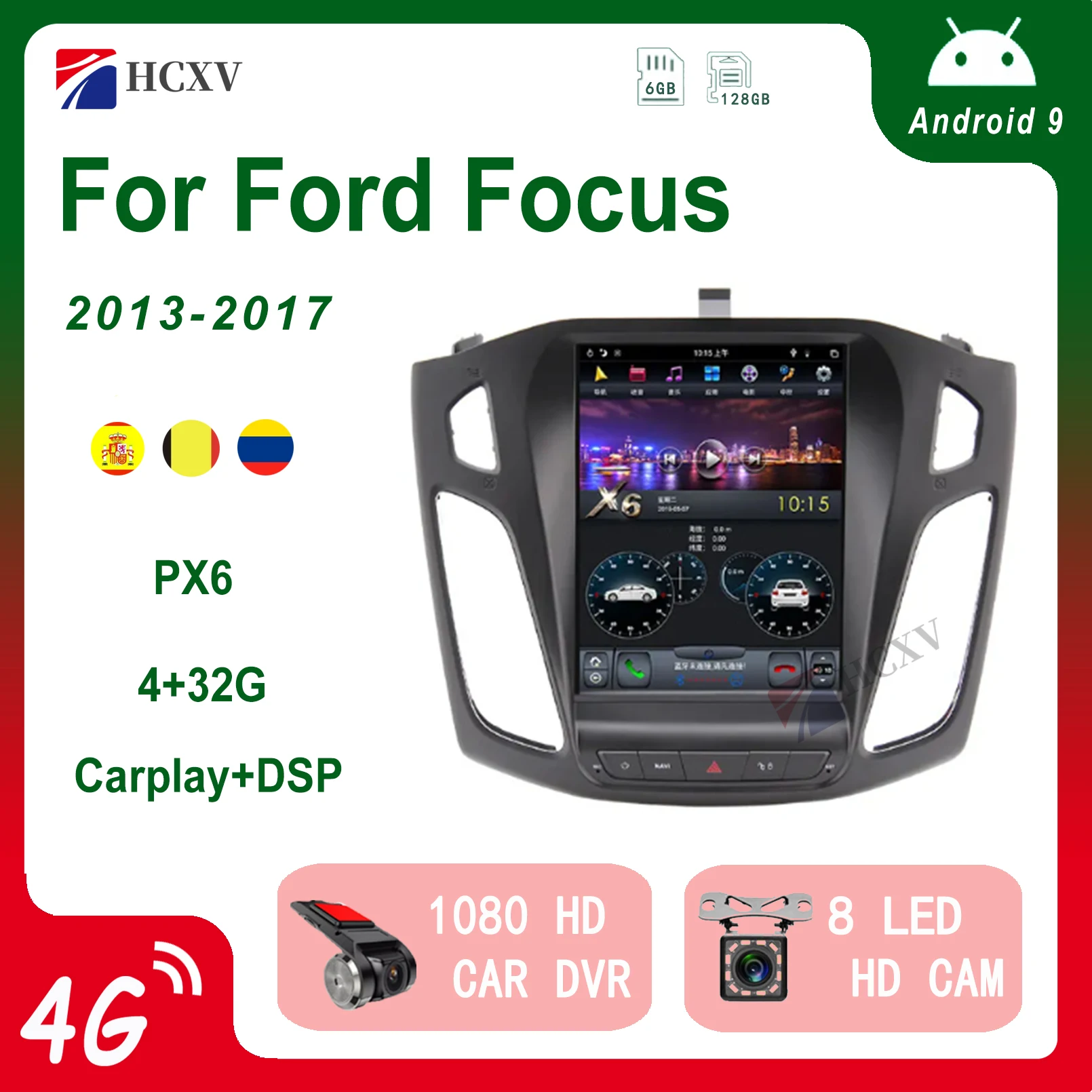 

Автомобильный DVD-плеер Tesla styel, Android 9,0, PX6, GPS-навигация для Ford Focus, автомобильное радио, мультимедийный плеер, головное устройство dsp DAB +