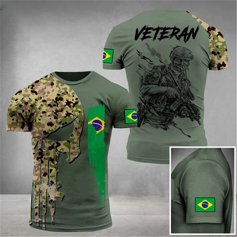 

ARMY-VETERAN 3D Print Men's T-shirt Casual Brazil Soldier O Neck Loose Short Sleeve Camouflage Commando Brazil Flag Men Clothing