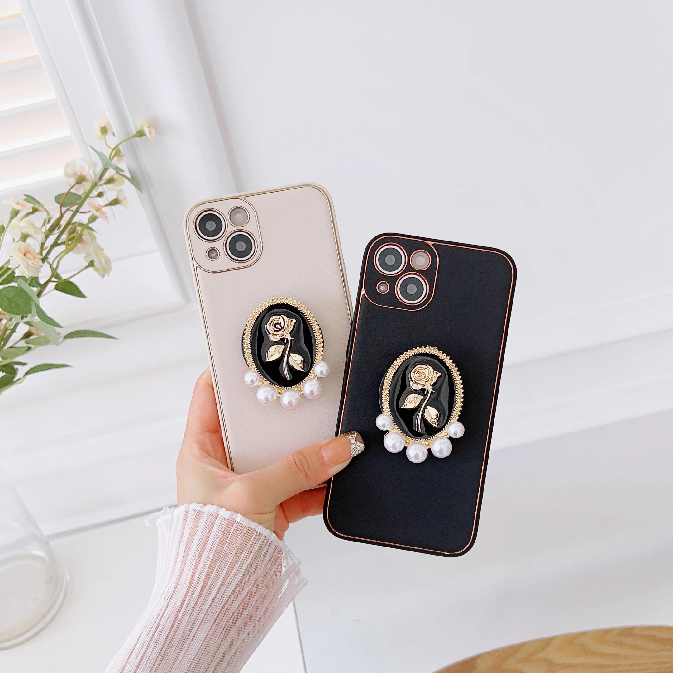 

For iPhone 7 8 Plus 11 12 13 Pro Max X XS XR XS Max Luxury Leather with Rose Holder Convenient Fashion Case