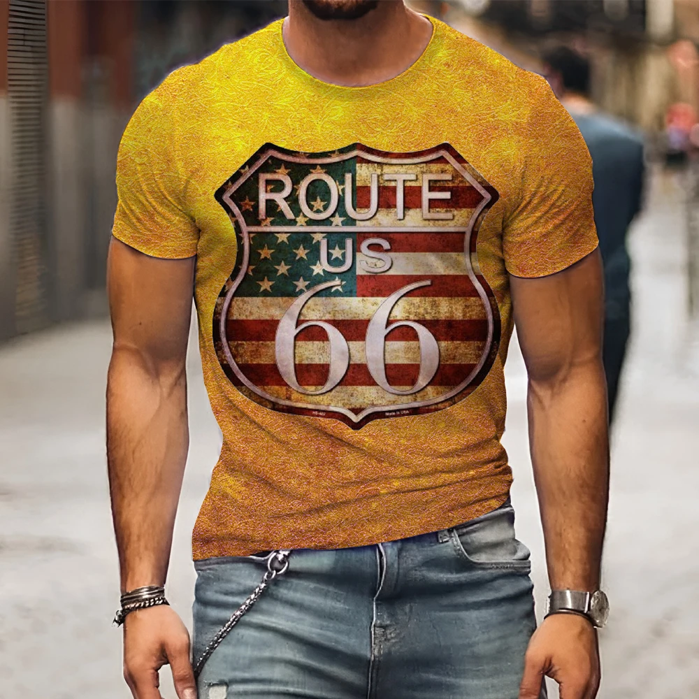 

2022 Summer Men's T-Shirt Overgrown Loose Clothing Vintage Clothes with Short Sleeves America Road 66 Printed O Collar T-Shirt