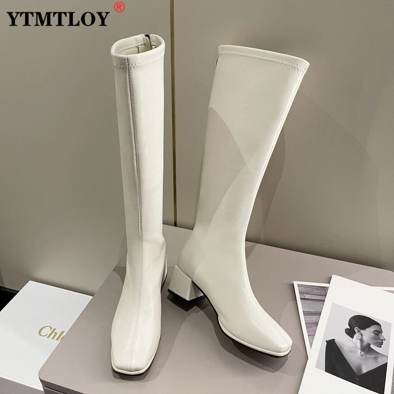 

Women Knee High Boots Female Leather Zipper Knight Boots Elegant Booties Lady Block Low High Heels White Shoes Gothic