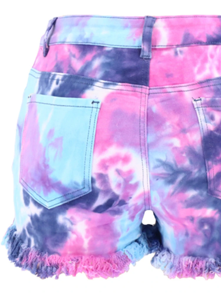2022 Spring and Summer New Tie-dye Fringed Foot Hole Loose Ladies Shorts Mid-waist Fashion Style Street Style Denim Shorts images - 6