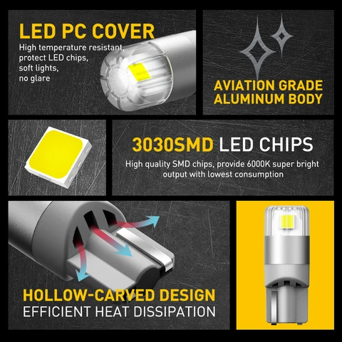 AUXITO 2 шт. T10 LED Canbus W5W Светодиодная лампа 168 194 2824 Лампа 6000K Белый Внутреннее освещение автомобиля Купольный светильник для чтения в багажнике Белый 12 В