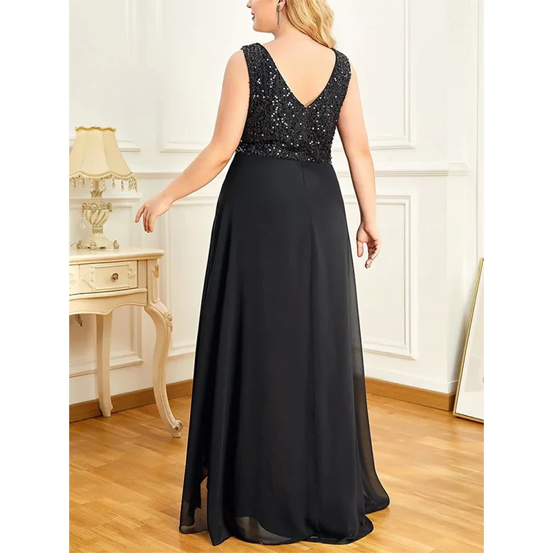Plus Size V Neck Strap Beaded Sequins 4XL5XL Evening Dress Elegant Luxury Ruffle Chiffon Midi Party Ball Plus Size Summer Dress