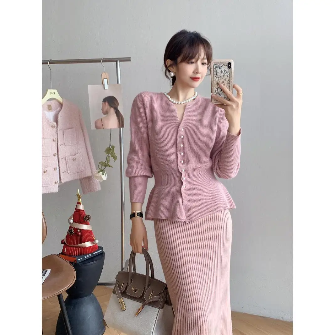 Элегантные вязаные юбки комплект из двух предметов дизайнерский однобортный