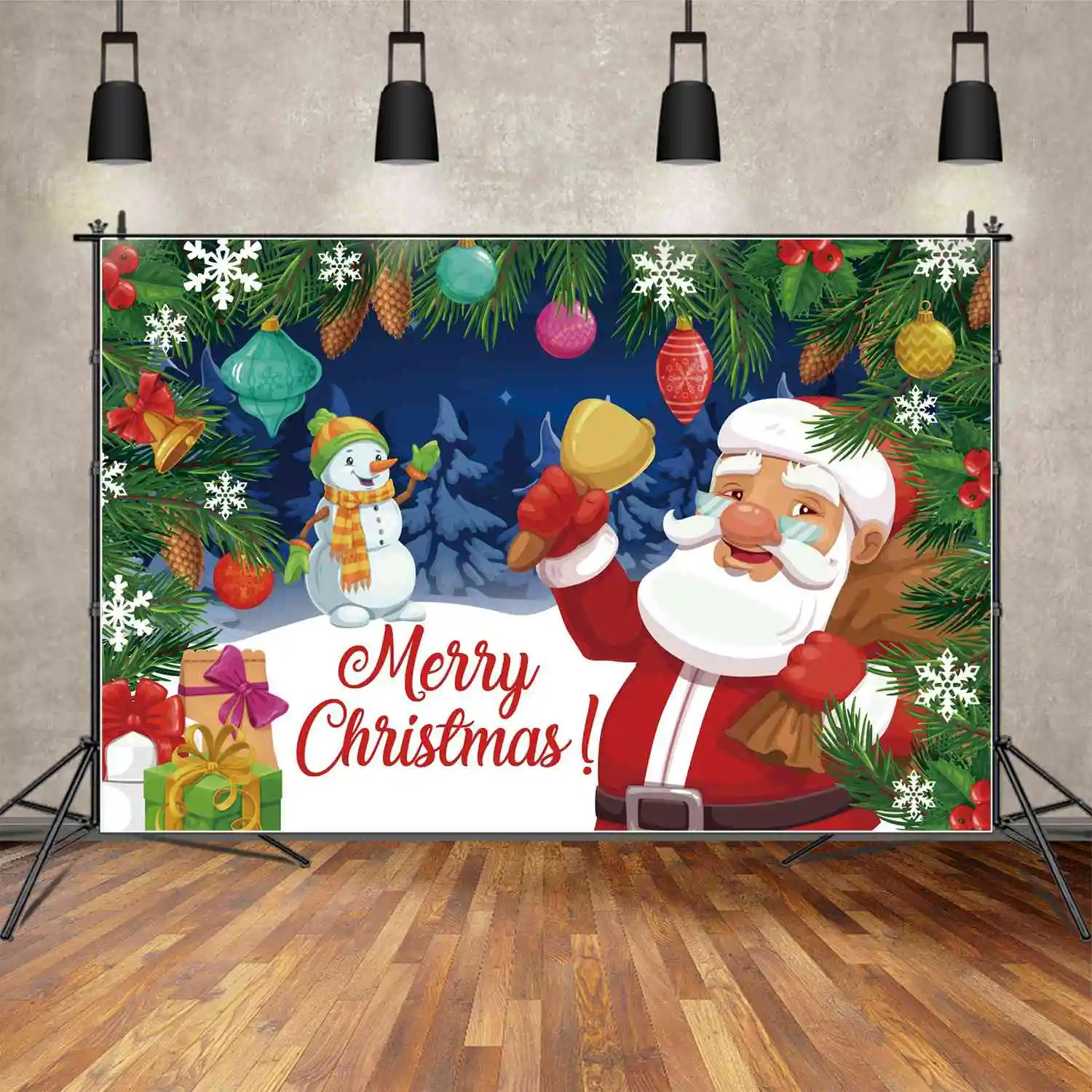 

MOON.QG Backdrop Merry Christmas Banner Father Snowman Kid Party Decoration Background Gift Pine Tree Snowflake Bell Photo Booth