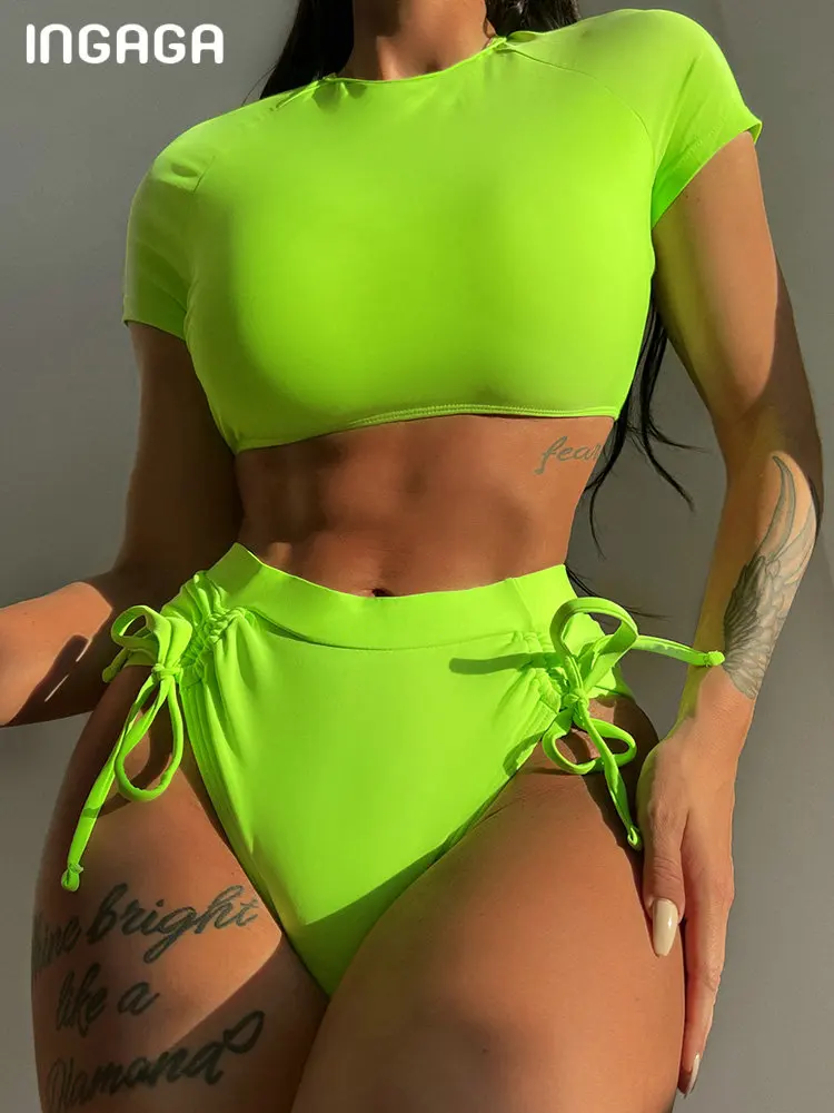 

INGAGA High Waist Bikini Short Sleeves Sexy Women's Swimsuits 2022 Drawstring Swimwear Women Lace Up Biquinis Solid Bathing Suit