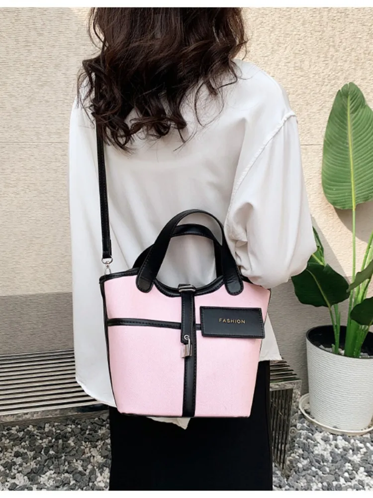 2023 New Canvas Bag for Women's Fashion Contrast Color Handbag Single Shoulder Ladies Small Design Messenger Bucket Bag