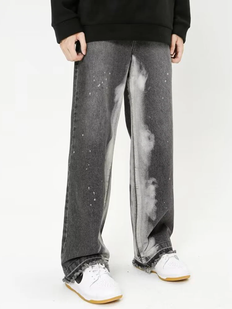 Fashionable Black Gray Tie Dye Loose Y2k Meen Jeans Korean Style Straight Pants Street Men's Casual Trousers Streetwear Men