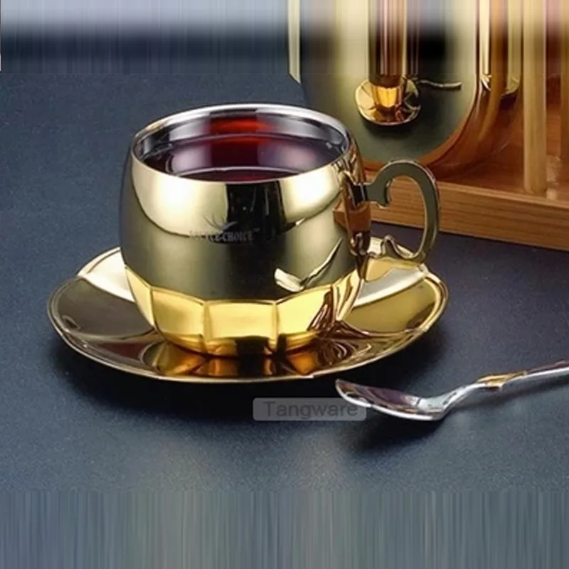 

Double Layer Stainless Steel Coffee Cup And Saucers Gold Silver Espresso Cups Mug Teacup Design Tazas De Cafe Home Drinking