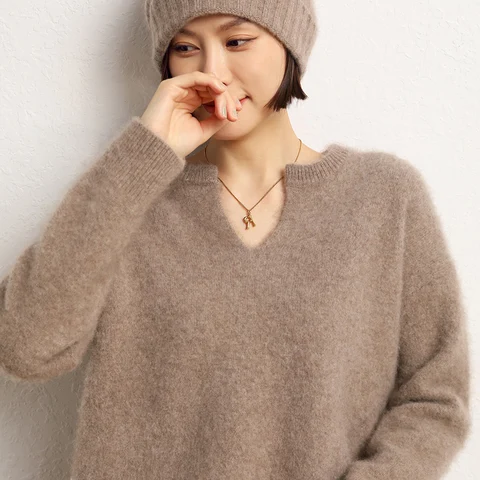 Женский мягкий кашемировый свитер, свободный утепленный вязаный пуловер с V-образным вырезом, Осень-зима 2023