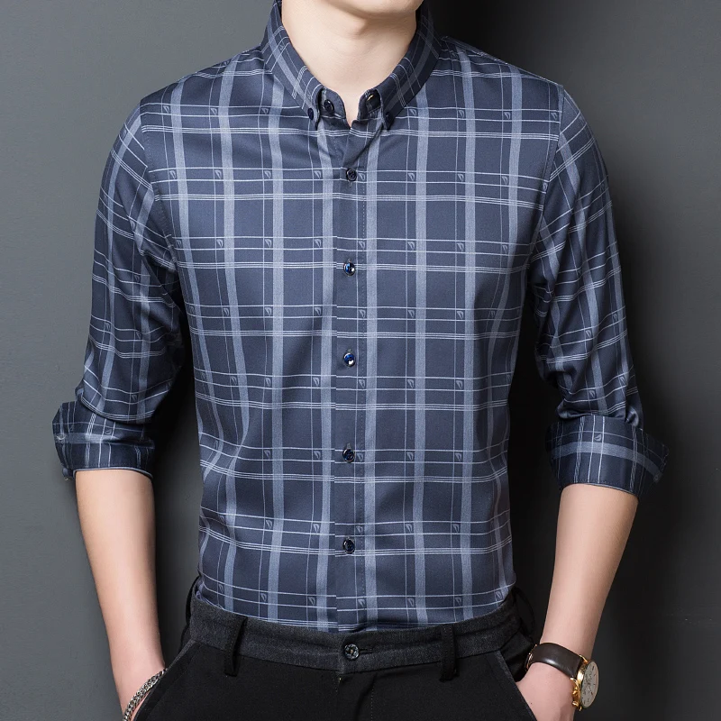 

High End New Fashion Brand Slim Fit Designer Mens Classic Plain Plaid Shirts Long Sleeve Checkered Casual Men Clothing 2021