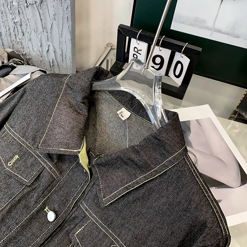 Новинка 2023 черное однобортное джинсовое пальто с отложным воротником топ