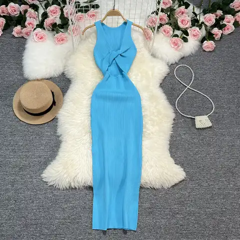 Sexy Split Knitted Bodycon Dress Women Summer V Neck Sleeveless Hollow Out Elegant Midi Dresses Vintage Y2K Beach Party Vestidos