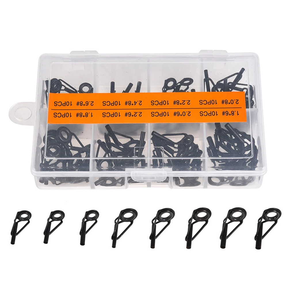 

80pcs Eye Rings Fishing Rod Black Accessories Multi Size Wear Resistant Replacement Removable Practical Repairing Guide Tip Kit