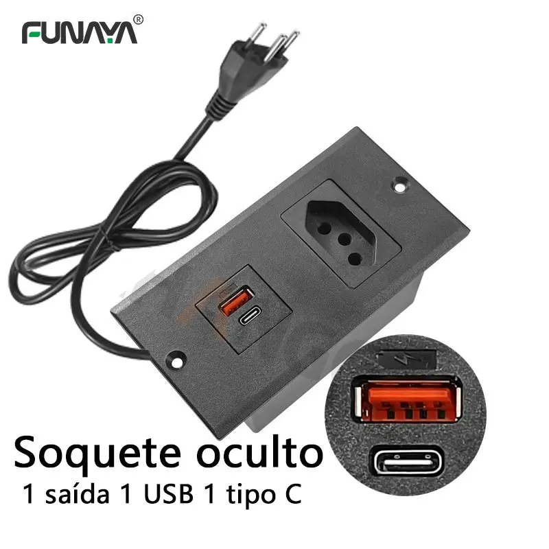 

Brazil Table Hidden Sockets 1 Outlets 15A with PD 18W 1 USB 1 TYPE C AC110~250V Black 2500W Cabinet BR Embed Power Strip Socket