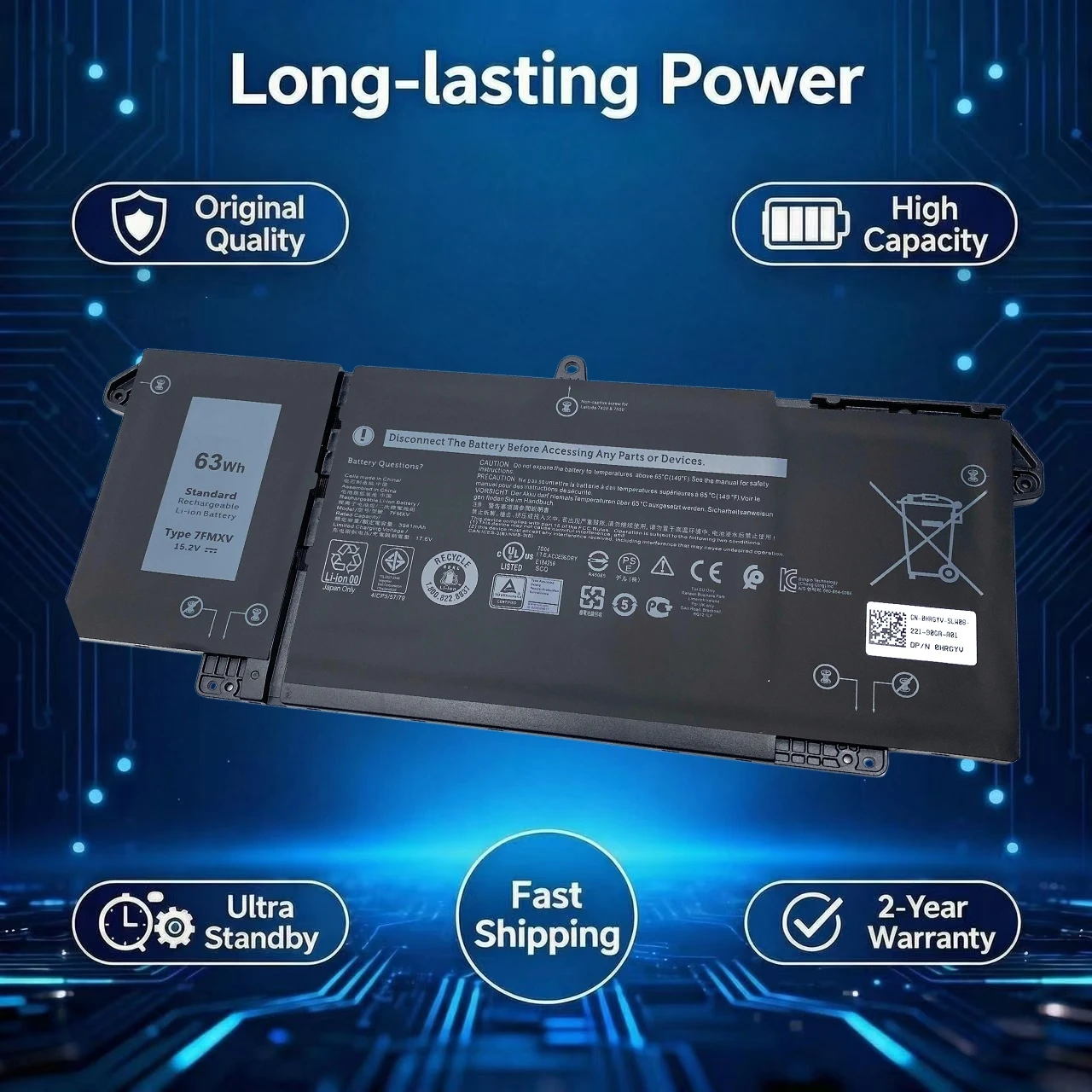 Фото Новый аккумулятор для ноутбуков DELL Latitude 5320, 7320, 7420, 7520 серий, модели 9JM71, 7FMXV, HDGJ8, MHR4G, TN2GY, 4M1JN, 1PP63, 727CG, 0TN2GY, P134G001 №1