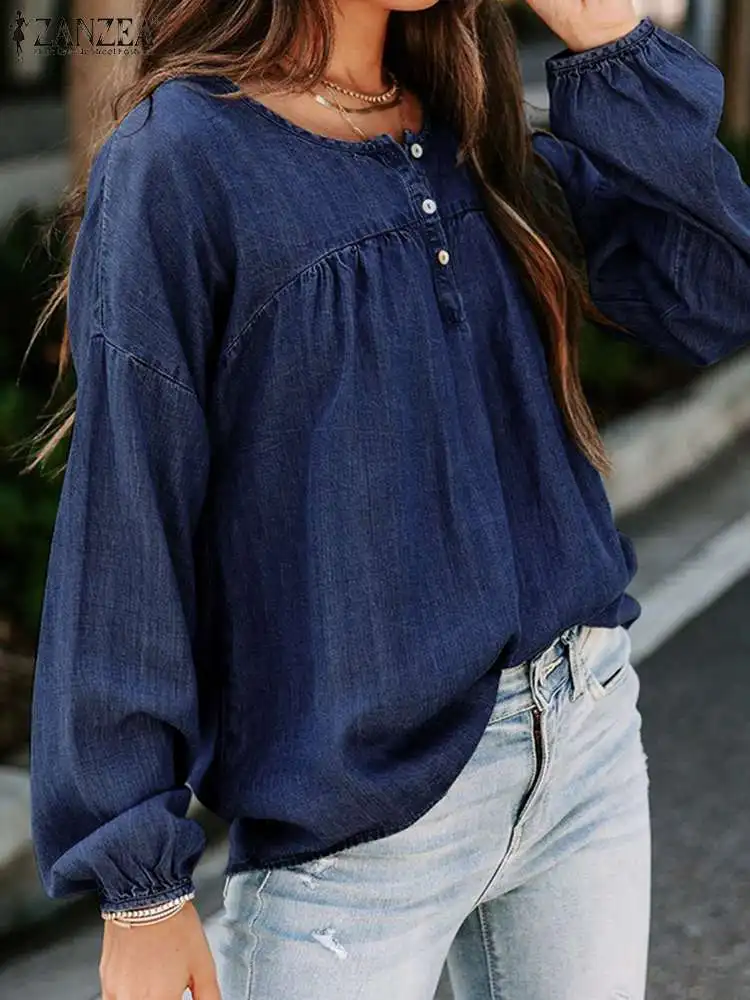 

ZANZEA Holiday O-neck Pleated Tops Fashion Denim Blouses Women Casual Loose Puff Sleeve 2023 Summer Buttons Drop-shoulder Shirts