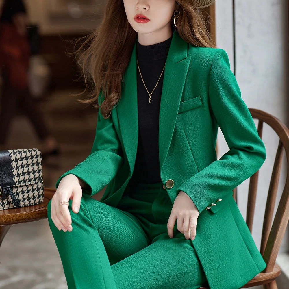 Korean Formal Ladies Green Blazer Women Business Suits with Sets Work Wear Office Uniform  2-piece Large Size Pants Jacket Set