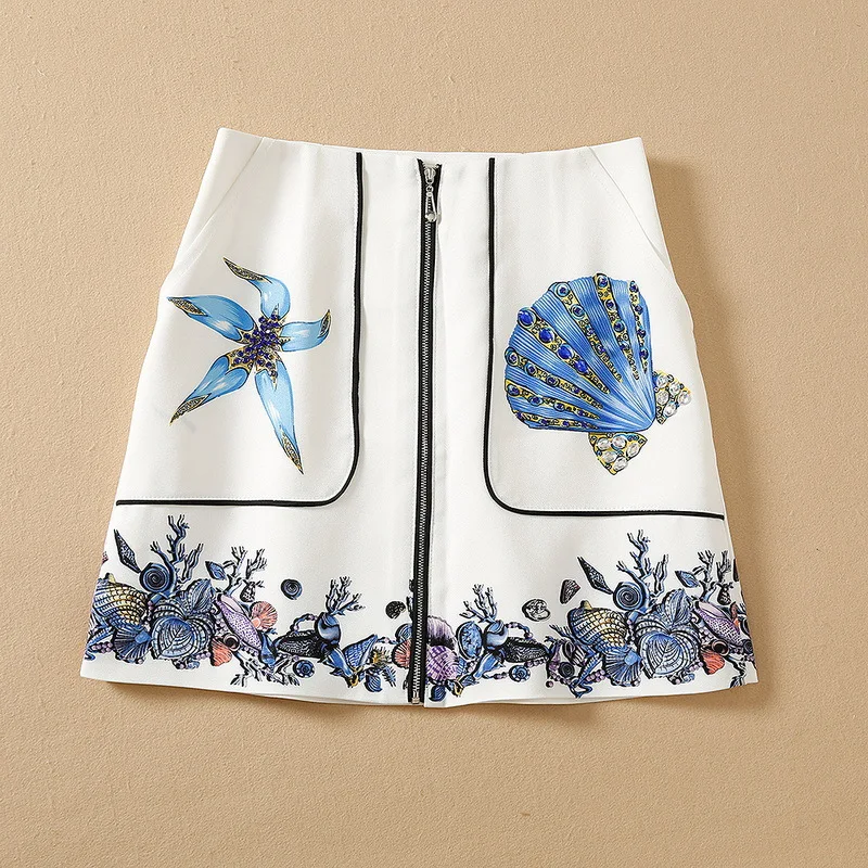 European and American women's wear spring 2022 new Fashion shell nail bead Printed A-line skirt skirt