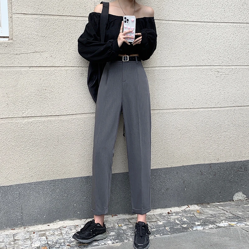 

The new Korean version loose high waist pants slim Joker suit pants women pants belt 551j,410-3